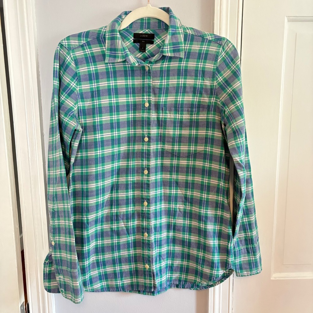 J.Crew Women Sz 2 Button Up Green Plaid Long Sleeve Pocket Cotton Boy Shirt